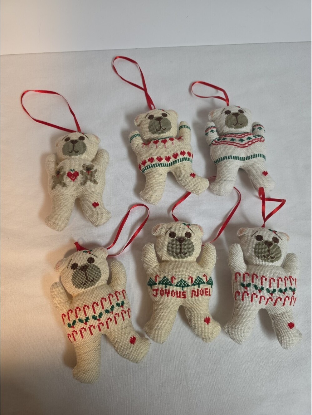 Vtg Lot 6 Handcrafted Cross Stitch Teddy Bear Christmas Ornaments Sweater Noel